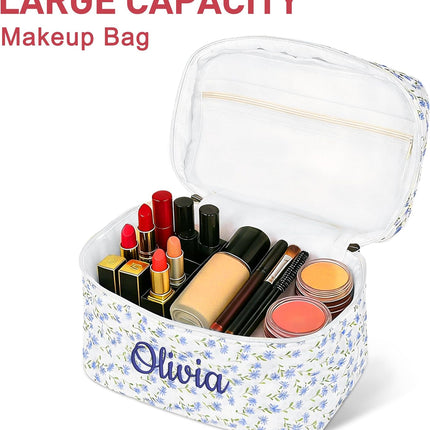 Personalized Large Quilted Makeup Bag for Women,Custom Cotton Travel Cosmetic Bag with Embroidered Name,Cute Toiletry Organizer Bag Bridesmaid Birthday Gift