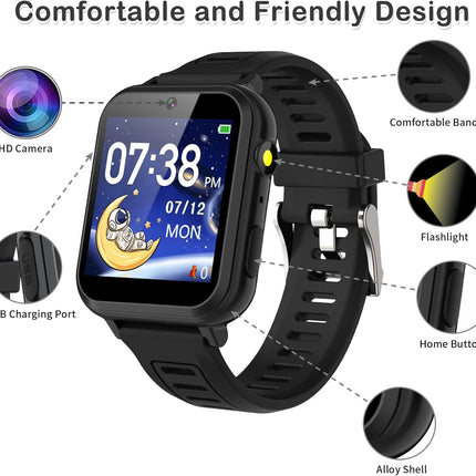 Phyulls Smart Watch for Kids, Smart Watch Toys with 39 Games Camera Video Recorder Music Alarm Calculator Calendar Flashlight Stopwatch Pedometer Gift Toys for 3-12 Years Old Boys and Girls (Black)