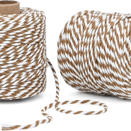 Cotton Twine String,2mm Thick, 164 Feet per Roll, 2 Pack, for Crafts Gift Wrapping Baking Holiday Decor,Tan and White