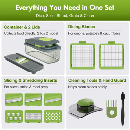 Vegetable Chopper with Container, 8-Blade Onion Chopper & Mandolin Slicer, 2-Lid Food Dicer with Safety Lock, Veggie Shredder Grater for Kitchen Meal Prep, Kitchen Gadgets (8 in 1, Gray)