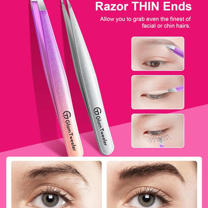 Expert Slant and Point Tip Tweezer Set with Exclusive Storage & Carrying Case, GlamTweeler Sharp & Precision Tweezer Set for Eyebrows, Facial Hairs and Fine Hairs Removal (Sparkle Violet + Silver)