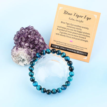 Blue Tiger Eye Gemstone Stretch Bracelet, Unisex - photo 3