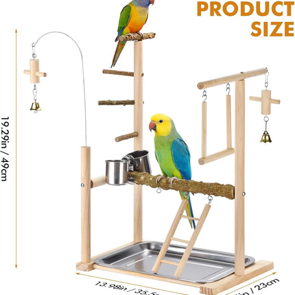 Natural Wood Parrot Playground Perch Stand with Feeder Cups, Tray, Ladder, Swing & Bells, Play Gym for Top of Cage, Cage Accessories for Lovebirds, Cockatiels, Parakeets