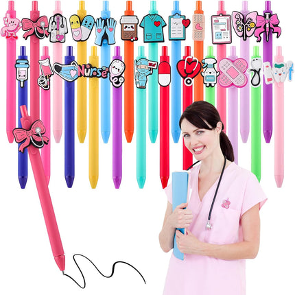 BESARME 24 Pcs Cute Nursing Week Gifts for Women, Funny Nurse Pens Bulk Medical Assistant Accessories for Office Coworkers Gel Pen Black Ink Medical Assistant Nursing Student Gifts