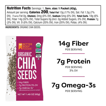 Betterbody Foods Organic Chia Seeds, 1.48 oz packets (Pack of 24)