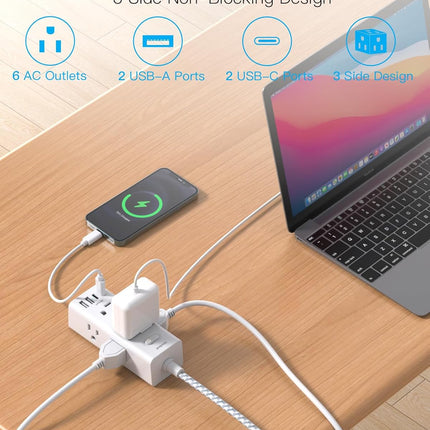One Beat Short Extension Cord 1Ft, Flat Plug Power Strip Surge Protector - 6 Widely Outlets with 4 USB Ports (2 USB C), Wall Mount Small Power Strip for Travel, Home Office College Dorm Essentials