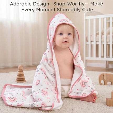 Hooded Baby Towels for Newborn,100% Cotton Baby Bath Towels with Hood for Infant Toddler Girl, 2 Pack 32x32 Inch Soft & Absorbent Knit Terry Bath Essentials Pink Rainbow