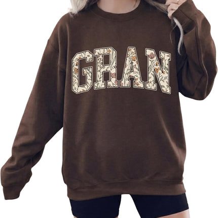 Daytee Women's Mama Grandma Auntie Sweatshirt - Botanical Floral Varsity Letter Crewneck - Dark Chocolate Brown Pullover