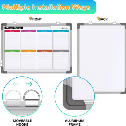 Small Weekly Calendar Dry Erase Whiteboard for Wall, 16" x 12" Magnetic Dry Erase Board, Hanging Double-Sided White Board, Portable Board for List, Kitchen, Planning, Memo, Home, Office