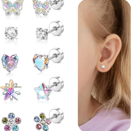 Hypoallergenic Earrings for Girls,Toddler Screw Back Earrings for Kids Baby Women,Lightweight Surgical Steel Cute Pink Bow Butterfly Heart Flower CZ Flat Back Stud Earring for Sensitive Ears