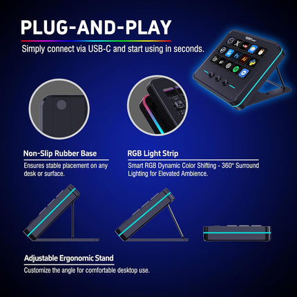 VSDINSIDE Macro Keypad, Stream Controller Deck Gaming Streaming Shortcut Keyboard, 18 Programmable Keys Customizable Visual AI Pad USB Soundboard for OBS, YouTube, Desk Office Setup, Laptop, PC, Mac