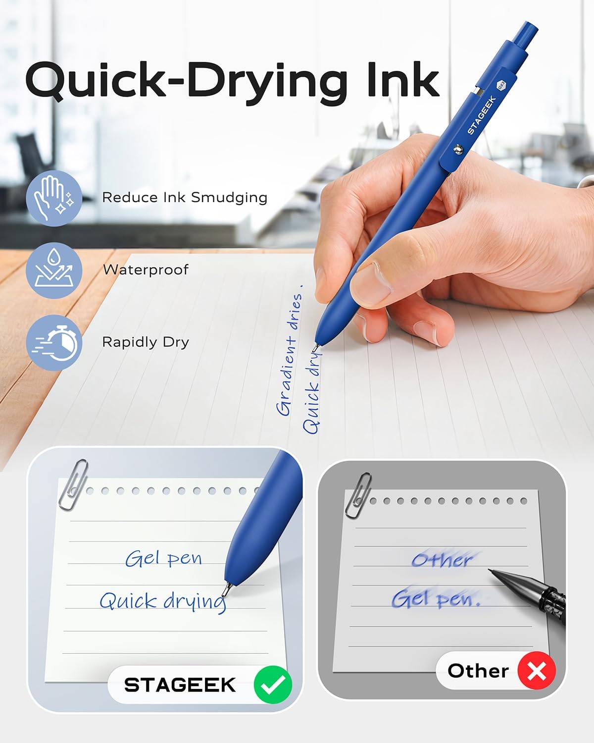 Blue Gel Pens, 12Pcs Quick Dry Blue Ink Pens with 3 Extra - photo 3