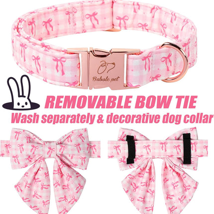 Girl Dog Collar with Lady Bow - Elegent Spring Dog Collrs Girly Pink Bow Sailor Bowtie Collars, Adjustable Metal Buckle Female Dogs Collar for Small Medium Large Dogs S
