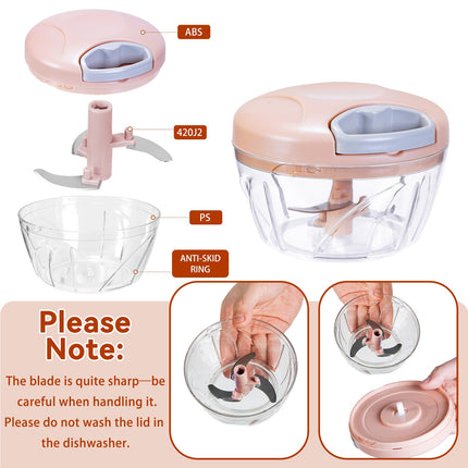 ‌Manual Food Processor Vegetable Chopper, Portable Hand Pull String Garlic Mincer Onion Cutter for Veggies, Suitable for Vegetables, Ginger, Garlic, Fruits, Onion, Potato, Salad (Pink 500 ml)‌