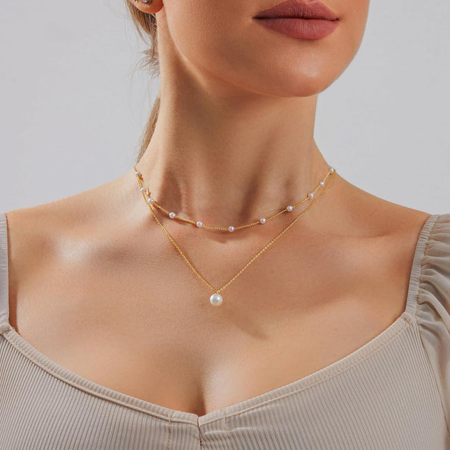Layered 14K Gold Plated Pearl Necklace Set for Women