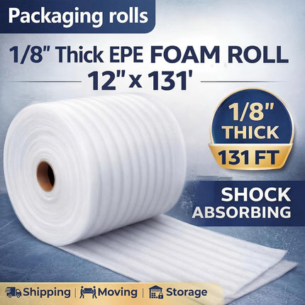 Pangda 1/8" Thick EPE Foam Roll 12" x 131' Packaging Foam Roll Protective Cushion Material for Fragile Items Moving, Storage, Packing and Shipping, Non-abrasive Moisture Repellent