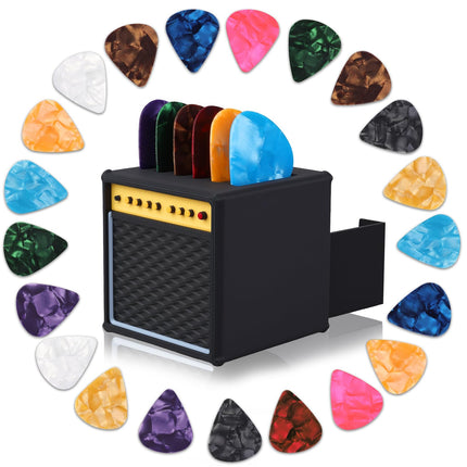 22Pcs Guitar Picks Holder Box, Vintage Amp Guitar Pick Holder with 21 Celluloid Guitar Picks, 3D Printed Retro Pick Storage Box & Display Stand for Guitarists and Music Enthusiasts