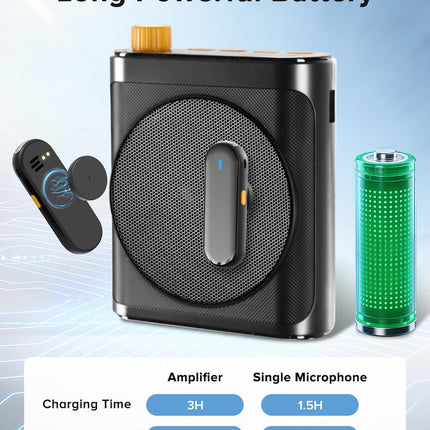 Voice Amplifier for Teachers with Dual Magnetic Wireless Lavalier Microphones & Noise Reduction - Bluetooth Portable Rechargeable Speaker for Classroom, Meetings, Yoga, Speeches (Black)