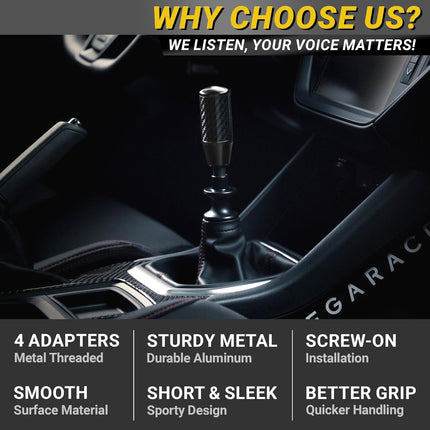 Premium Black Carbon Fiber Shift Knob - 4 Metal Threaded Adapters, 4 5 6 Speed Manual & Buttonless Automatic Transmission Car, Weighted Gear Stick Shifter Knobs (M8, M10x1.25/1.5, M12x1.25), JDM Style
