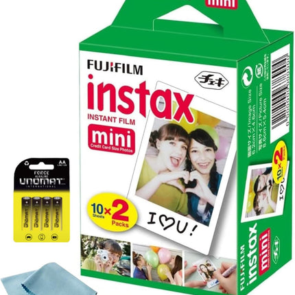 Fujifilm Instax Mini Instant Film, 20 Shots (10 Sheets x 2) – Capture Memories Anytime, Anywhere + BluebirdSales Premium Cleaning Cloth & 8 AA Batteries