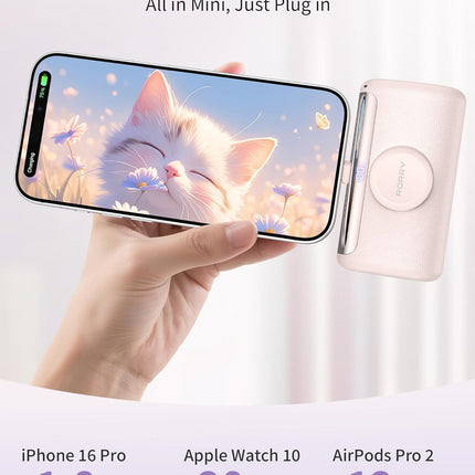 Portable Charger, 10000mAh PD 22.5W Fast Charging Mini Power Bank with Built-in USB C Connector, 3-in-1 Battery Pack for iPhone 17/16/15 Pro/Max, Apple Watch Ultra/11/10/SE, iPad, Pink