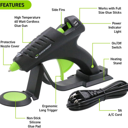Surebonder Cordless Hot Glue Gun, High Temperature, Full Size, 60W, 50% More Power - Sturdily Bonds Metal, Wood, Ceramics, Leather & Other Strong Materials (Specialty Series CL-800F)