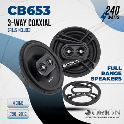 ORION Cobalt Series CB653 6.5” 3-Way Coaxial Car Speakers, 240W, 4 Ohms, Full Range, Enhanced Bass, Polypropylene Cone & Butyl Rubber Surround, Easy Install (Pair)