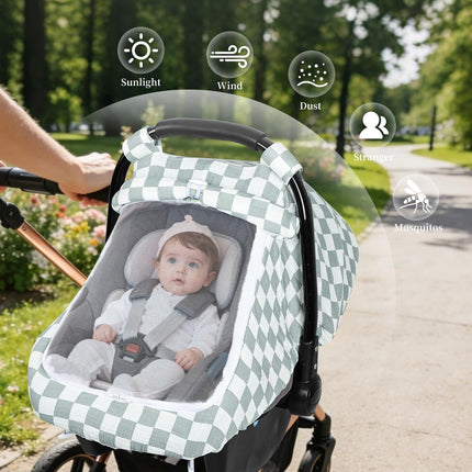 DILIMI Car Seat Covers for Babies, Muslin Cotton Baby Car Seat Cover with Breathable Mesh Window, Summer Infant Car Seat Canopy for Boys Girls Newborn, Green Plaid