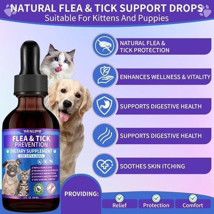 WEALLIN Flea and Tick Prevention for Cats and Dogs Natural Flea Treatment Support Drops with Multivitamin for Pets Oral Natural Supplement Flea and Tick Treatment Drops for All Breeds and Ages