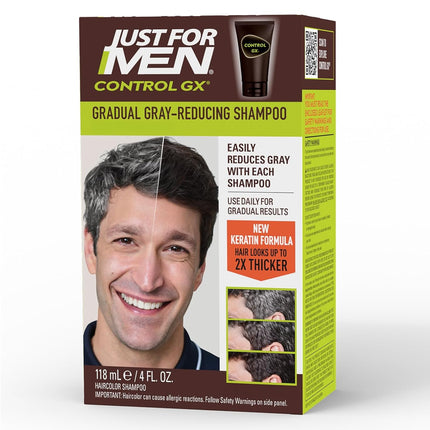 Just for Men Control GX Grey Reducing Shampoo, Gradual Hair Color with Keratin for Stronger Thicker and Healthier Looking Hair, 4 Fl Oz - Pack of 1 (Packaging May Vary)