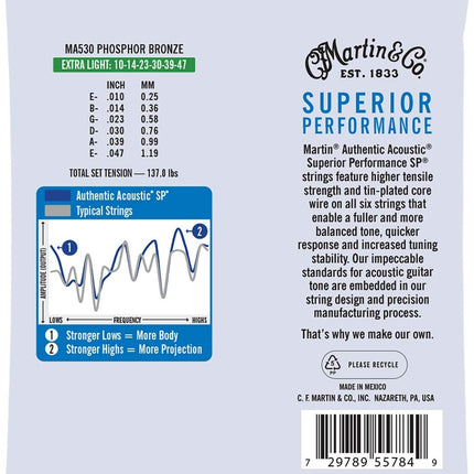 Martin Authentic Acoustic Guitar Strings, Superior Performance Extra Light 10-47, 92/8 Phosphor Bronze