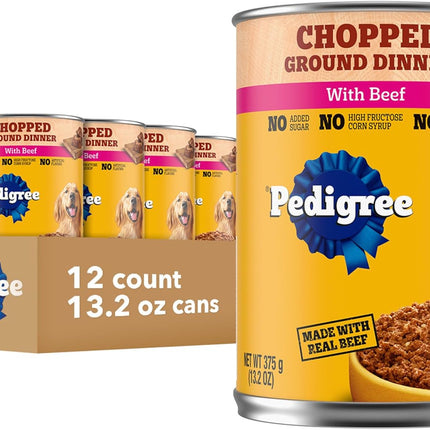 Pedigree Chopped Ground Dinner Adult Soft Wet Dog Food with Beef, Canned Dog Food, 13.2 oz. Cans, 12 Count