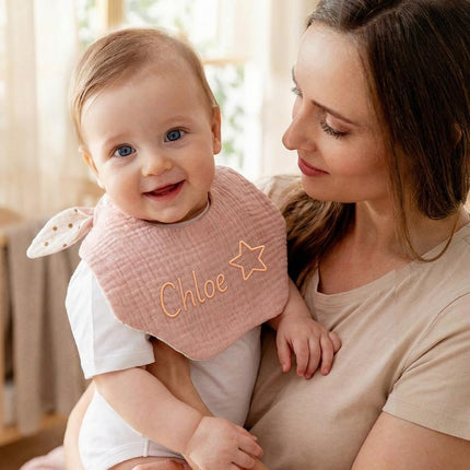Custom Baby Bib for Boy Girl, Four Layers of Textured Thin Cotton Crepe Bibs for Eating Drool Feeding, Bunny Ears Petal Bibs with Name for Newborn, Birthday, Prenatal Gift, Children's Day