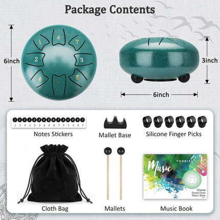 Steel Tongue Drum 6 Inch 8 Notes, Rain Drum for Outdoor Garden, Easy-Play Percussion Instrument, Unique Gift for Music Lovers, with Mallets, Carry Bag & Music Book, Green