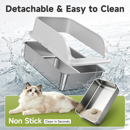 Arenero para gatos de acero inoxidable con tapa, arenero metálico XL de lados altos
