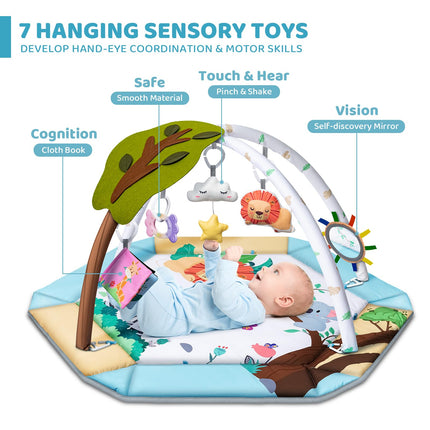 Baby Gym Play Mat, 8-in-1 Tummy Time Mat & Ball Pit with 6 Toys, Washable Baby Activity Play Mat for Visual, Hearing, Sensory, Motor Development, Baby Toys Gift for Toddler Infant 0-3-6-9-12 Month