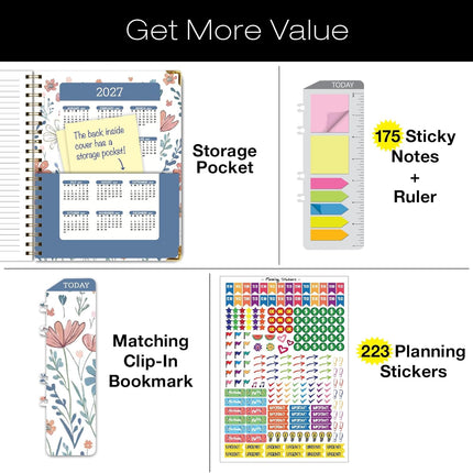 HARDCOVER Academic Year 2026-2027 Planner: 14 Months (May 2026 Through June 2027) 8.5"x 11" Daily Weekly Monthly Planner Yearly Agenda. Bookmark, Pocket Folder and Sticky Note Set (Colorful Botanicals)