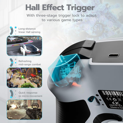 ISHAKO Wireless Gaming Controller with Hall Effect Joysticks&Triggers, 1200mAh Battery, 1000Hz Polling Rate, 4 Back Buttons, RGB Lighting – Works with PC Windows/Mac/Steam/Luna/Tesla/Switch- White
