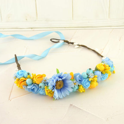 Ukrainian Flower Headband Vinok Yellow Blue Head Wreath for Women Made in Ukraine Flower Crown Flower Heair Wreath Floral Hairband Halo for Women Fake Flowers (Style #30)