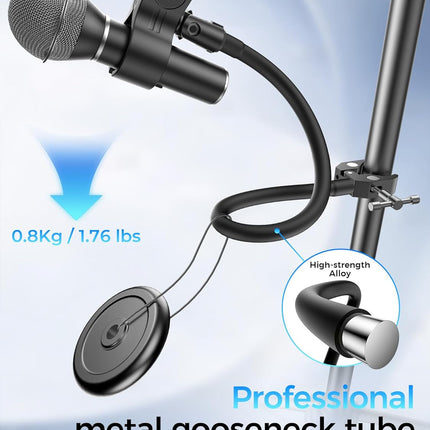 19.6" Steel Core Flexible Gooseneck Microphone Stand with 1/4" to 3/8" Adapter, Mic Clip & Super Crab Clamp, Desk/Pole Mount Compatible with Shure, Fifine, AT2020, Pyle, Razer, Blue Snowball