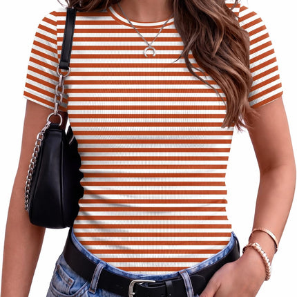 Tops de manga corta acanalados para mujer, cuello redondo, elasticidad, básicos, S-2XL