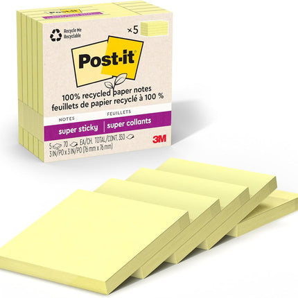 Post-it 100% Recycled Paper Super Sticky Notes, Canary Yellow, 3 in. x 3 in., 5 Sticky Note Pads, 70 Sheets per Pad, School Supplies and Office Products