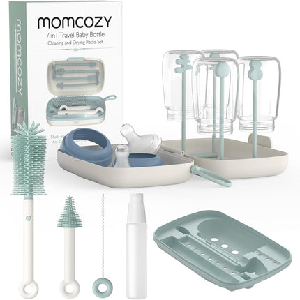 Momcozy Bottle Brush Set - Baby Bottle Cleaner Kit with Silicone Brush, Nipple Brush, Straw Brush, Soap Dispenser, Drying Rack - 7 in 1 Bottle Cleaning Tool for Home and Travel, Green