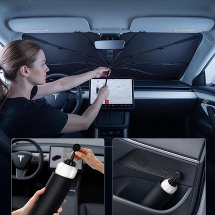 Umbrella Windshield Sun Shade for Car & SUV, Car Sunshade for Front Windshield [Nano Ice-Crystal Coatings] UPF50+ Heat & UV Block, Protect Interior & Keep Cooler Universal for Most of Sedan & SUV
