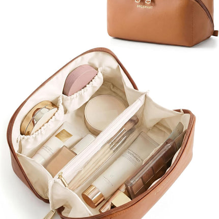 BAGSMART Makeup Bag Travel Cosmetic Bag, Large Make Up Bag Flat Open Toiletry Bag for Women, PU Leather Travel Essentials Organizer Case, Wide-open Pouch Purse for Skincare, Brushes, Classic Brown
