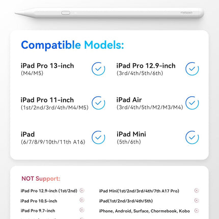 Metapen A11 iPad Pencil for iPad 6th-11th, Quick Button & Bluetooth, 2X Fast Charge Stylus Pen for 2018-2026 Apple iPad a16/11/10/9/8/7/6th Gen, Pro 12.9/11/13-inch M4, Air3/4/5/M2/M3, Mini 5/6th