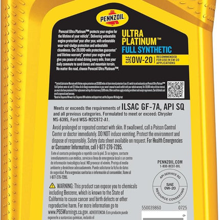 Pennzoil Ultra Platinum Full Synthetic 0W-20 Motor Oil, 1 Quart (6 Pack)