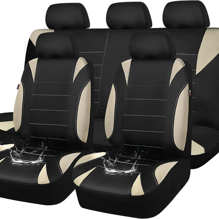 CAR PASS Waterproof Car Seat Covers Full Sets, Universal Fit Seat Covers for Cars, EVA Neoprene Seat Cover Set Full Sets, Interior Covers for Auto SUV,Vans,sedans, Trucks,(Black and Beige)