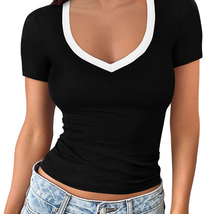 Short Sleeve Shirts for Women V Neck Summer Ribbed Tshirts 2026 Slim Fit Spring Fashion Going Out Basic Tees