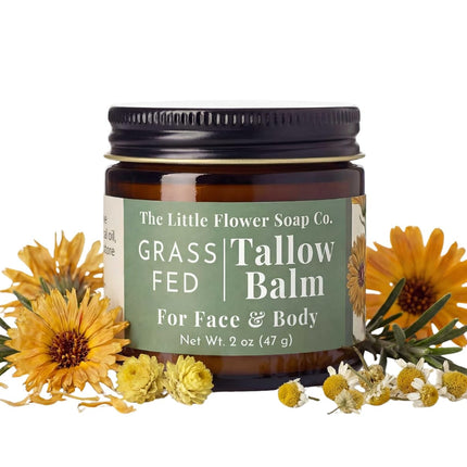 Grass Fed Tallow Balm for Skin (2 oz) – Non-Whipped Full Jar Moisturizer for Face & Body – Handmade Tallow Cream for Dry Skin – Small Batch Skincare by The Little Flower Soap Farm